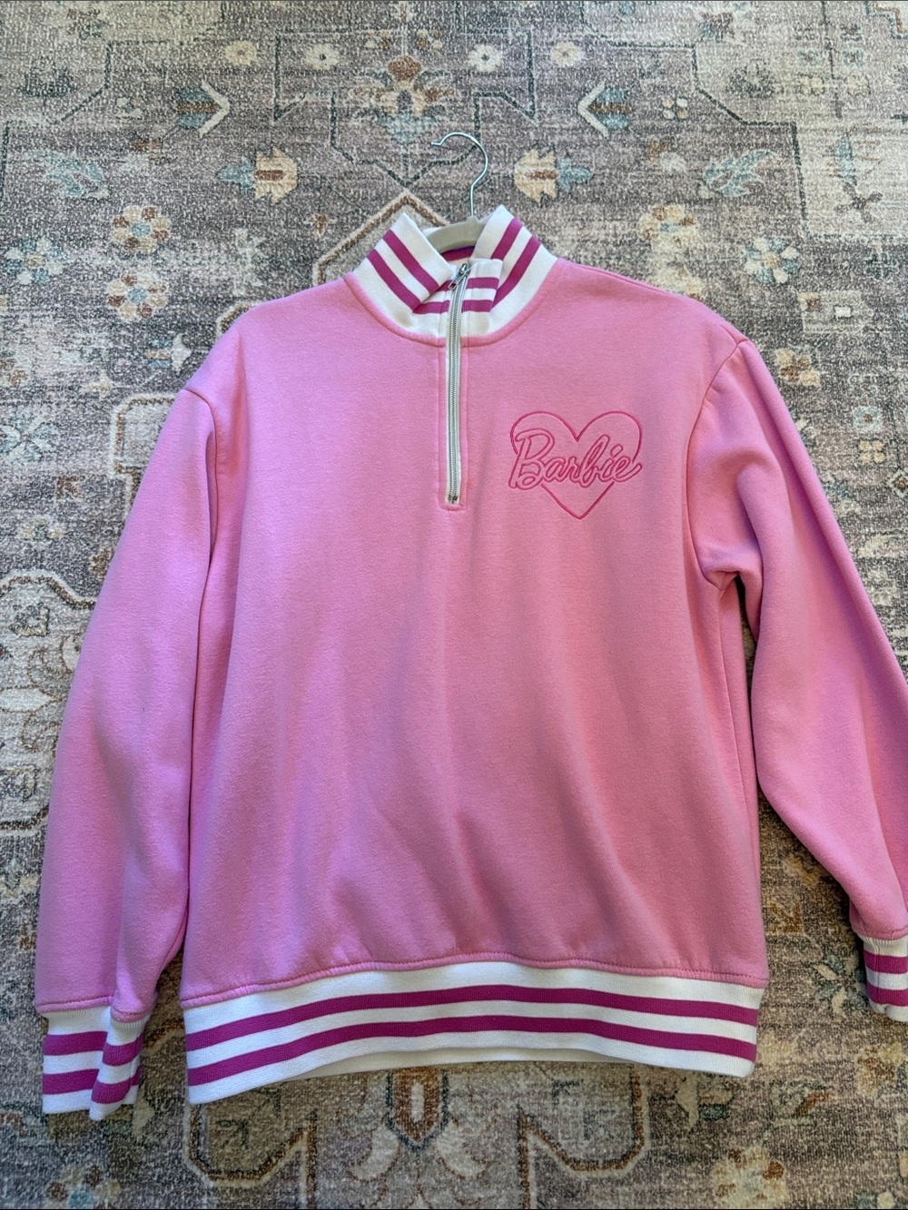 Barbie Pink Striped-Collar Half-Zip Turtleneck Pullover
